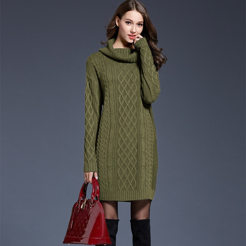 Mid-Length Thick Turtleneck Sweater Dress