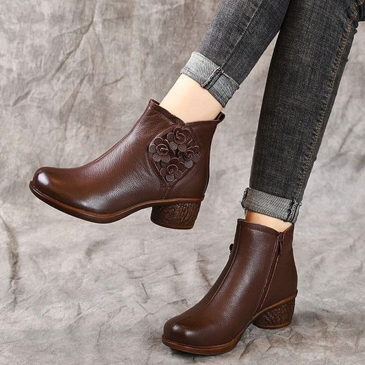 Genuine Leather Chunky Heel Boots