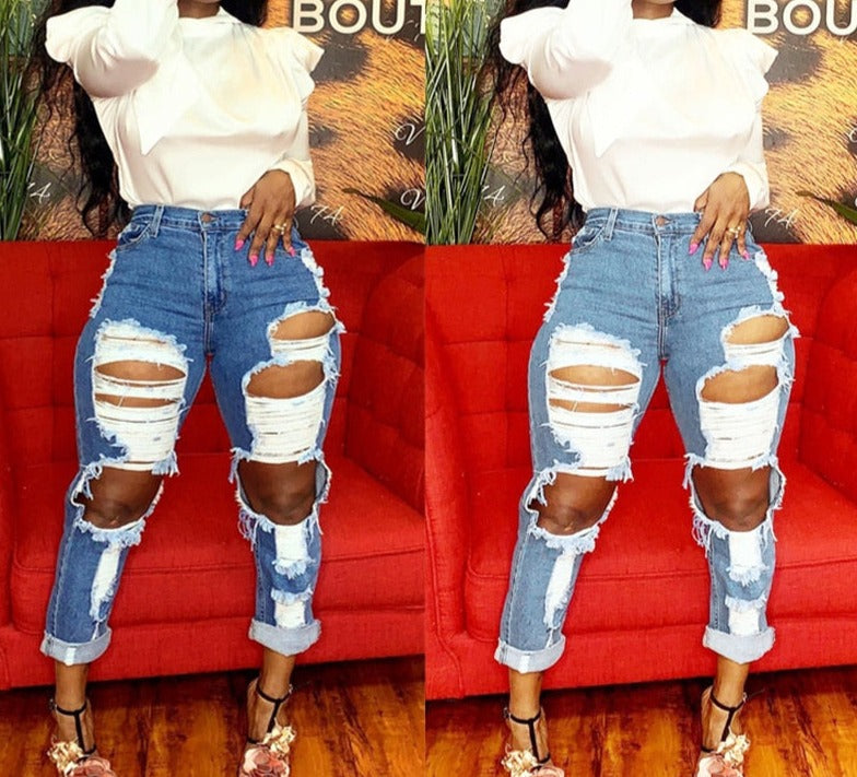 Ladies Trendy High Waist Ripped Jeans