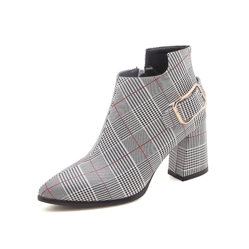 Plaid Zipper Buckle Ankle Boots