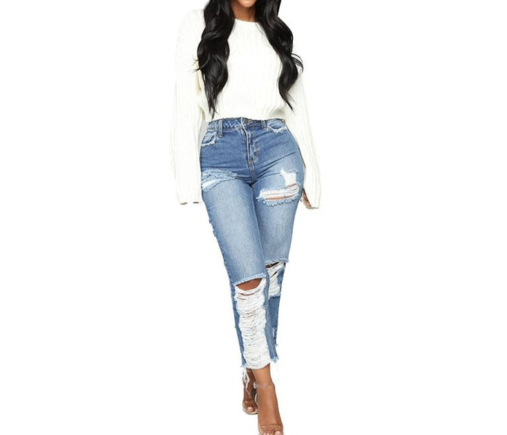 Ladies' Ripped Denim Boyfriend Jeans