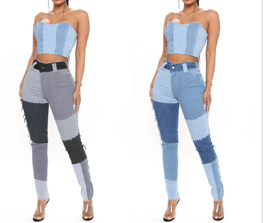 Ladies' High Waist Stitched Patchwork Jeans