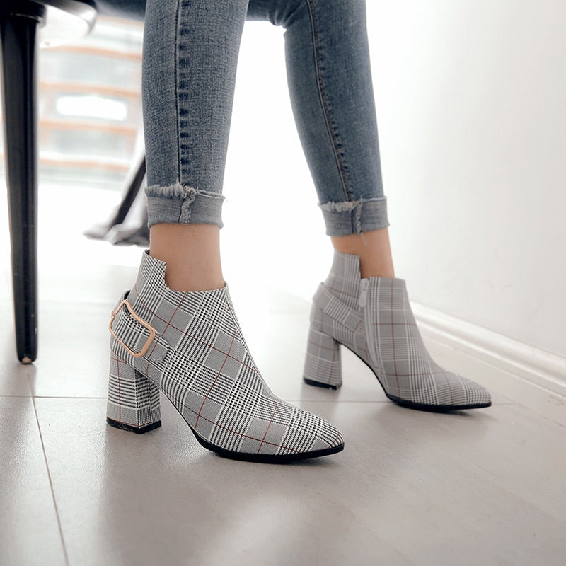 Plaid Zipper Buckle Ankle Boots