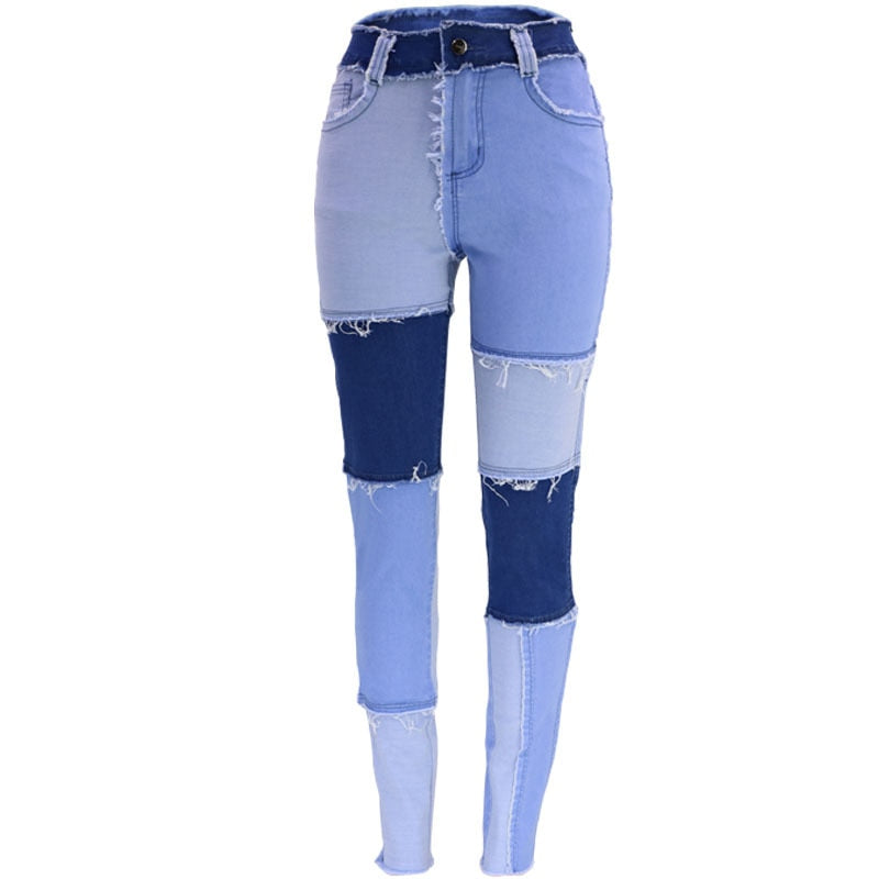 Ladies' High Waist Stitched Patchwork Jeans