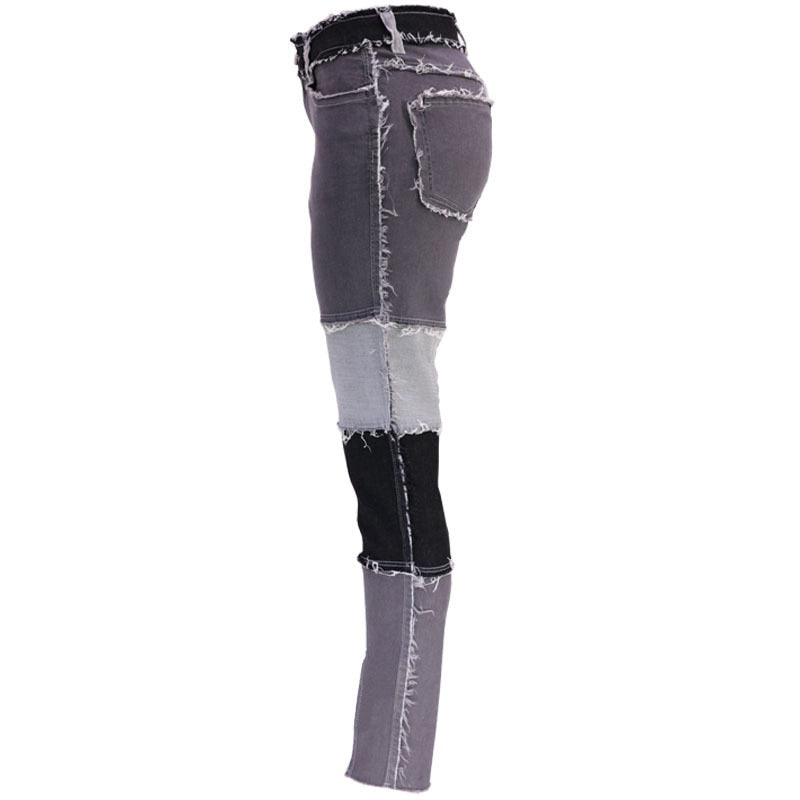 Ladies' High Waist Stitched Patchwork Jeans