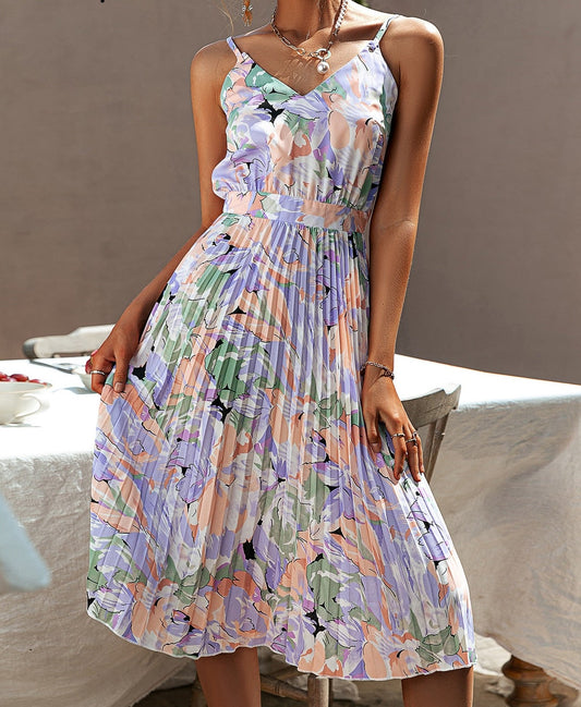 Pleated V-Neck print Sundress