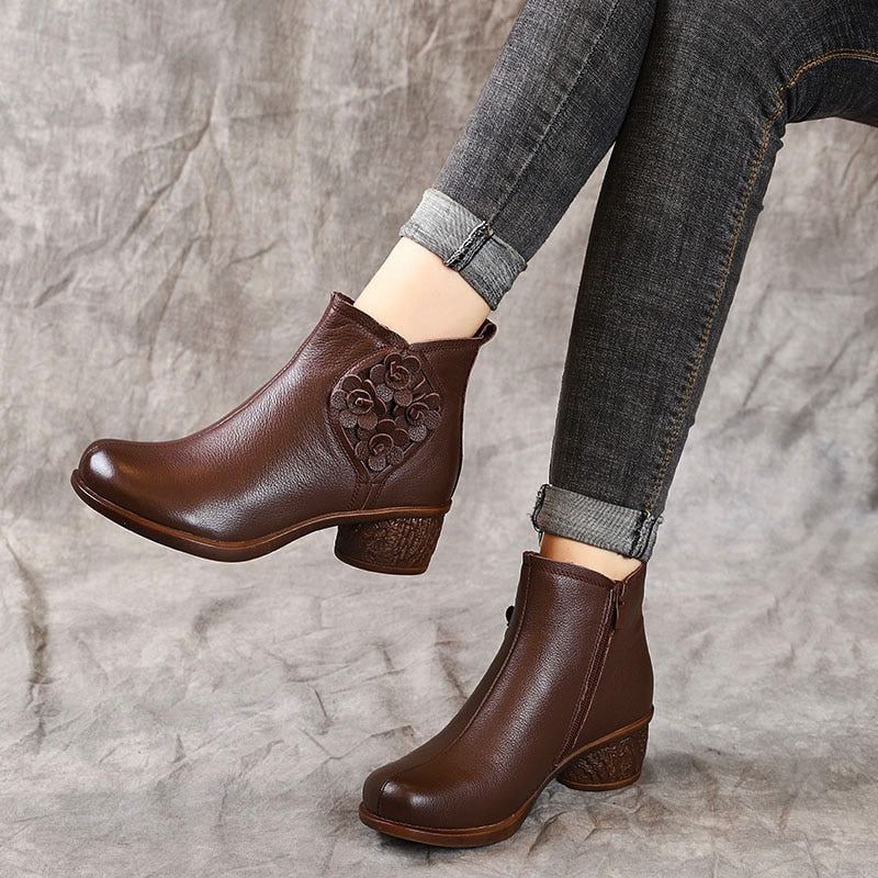 Genuine Leather Chunky Heel Boots