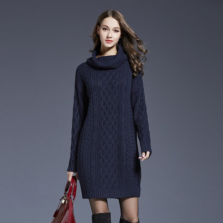 Mid-Length Thick Turtleneck Sweater Dress