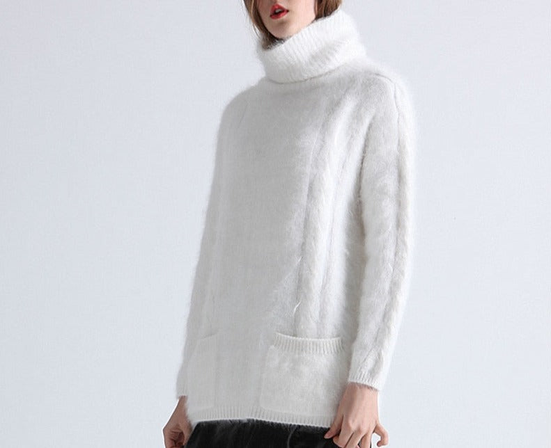 Chunky Cowl Neck Angora Pullover with Pockets