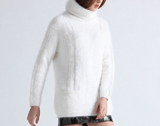 Chunky Cowl Neck Angora Pullover with Pockets