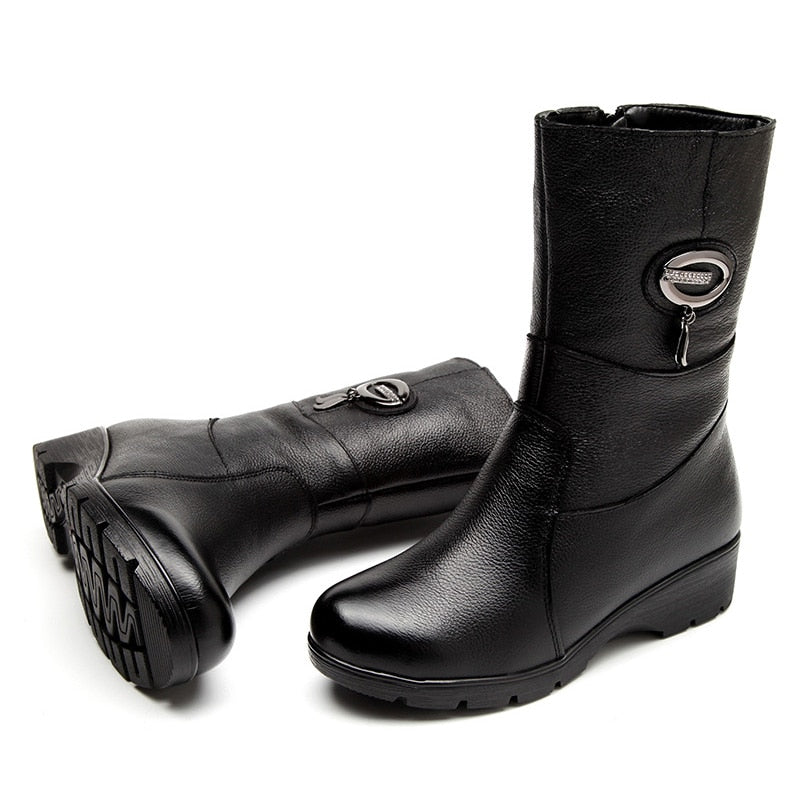 Genuine Leather Mid-Calf Boots