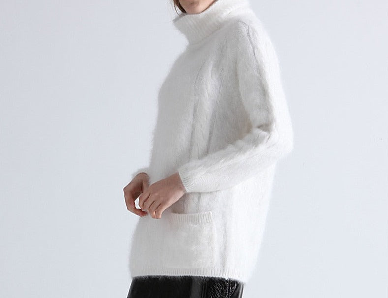 Chunky Cowl Neck Angora Pullover with Pockets