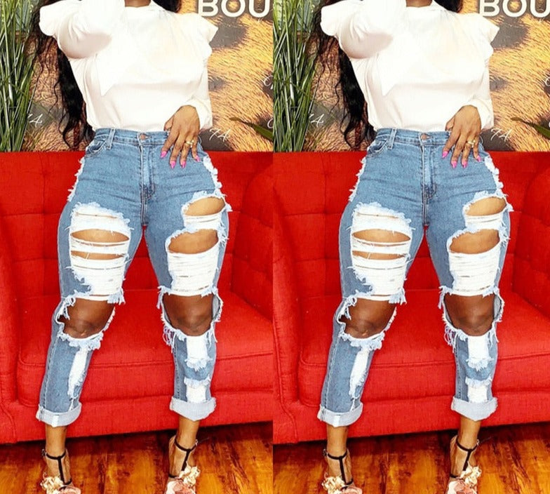 Ladies Trendy High Waist Ripped Jeans