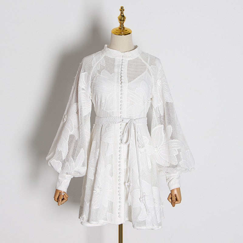 Petite Lantern Sleeve Embroidered Dress