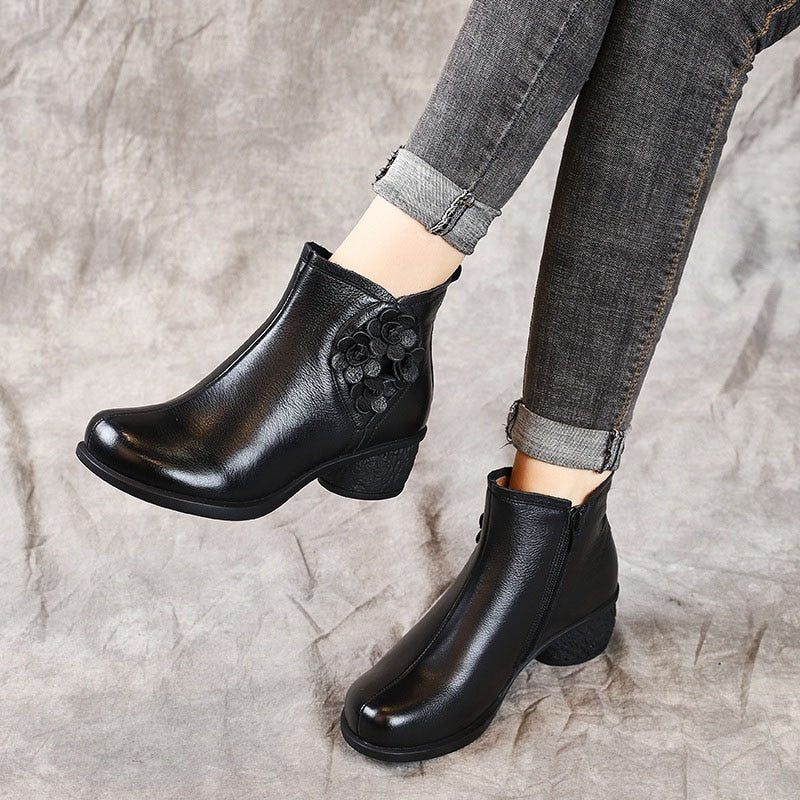 Genuine Leather Chunky Heel Boots