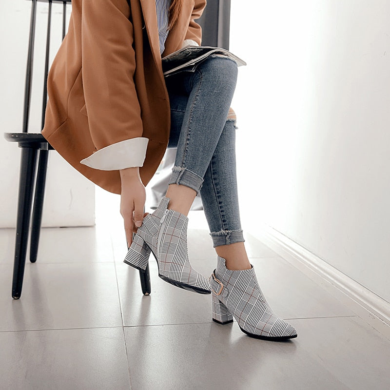 Plaid Zipper Buckle Ankle Boots