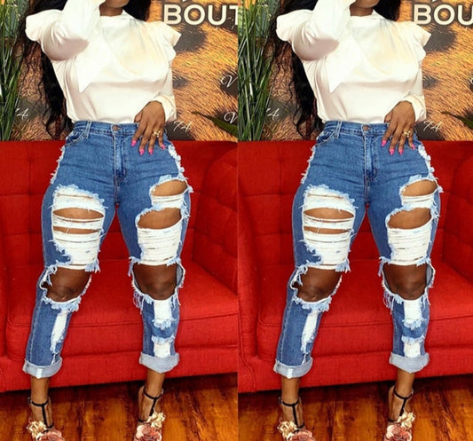 Ladies Trendy High Waist Ripped Jeans