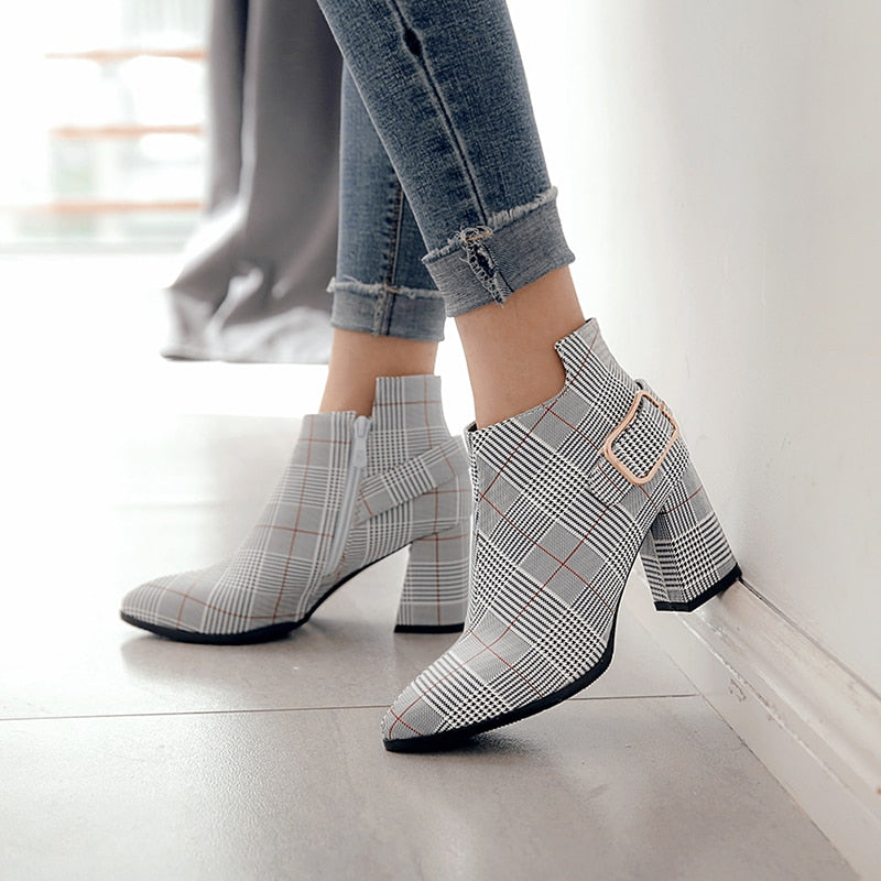 Plaid Zipper Buckle Ankle Boots