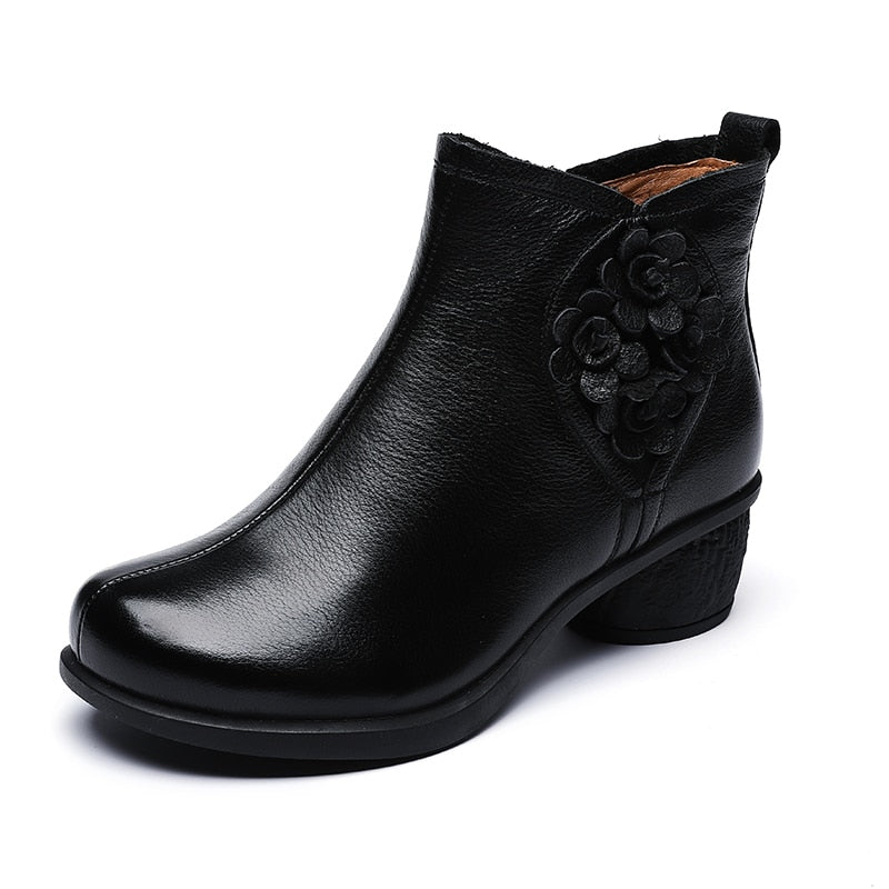 Genuine Leather Chunky Heel Boots