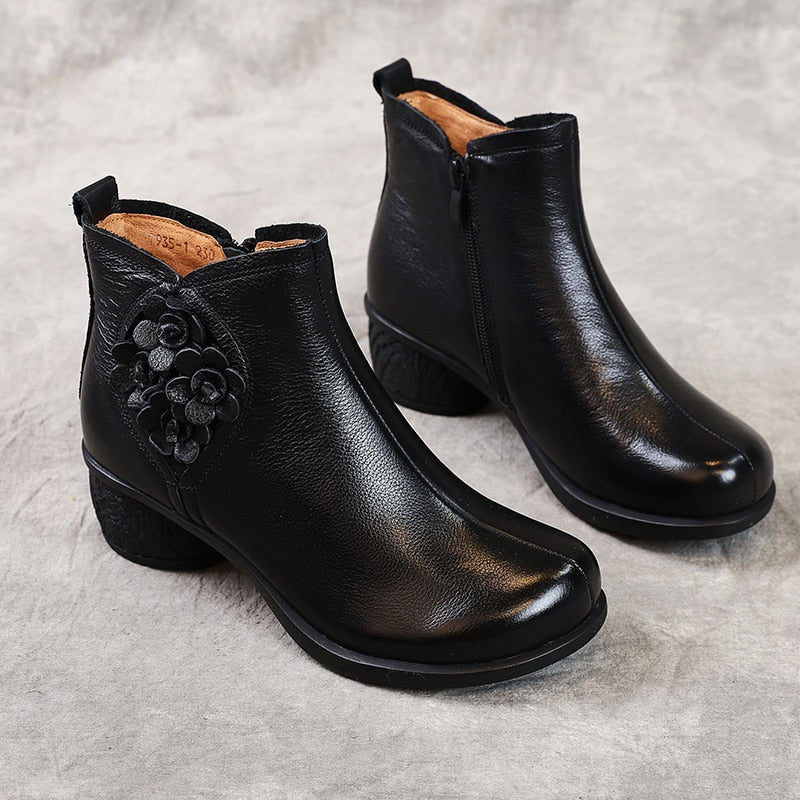 Genuine Leather Chunky Heel Boots