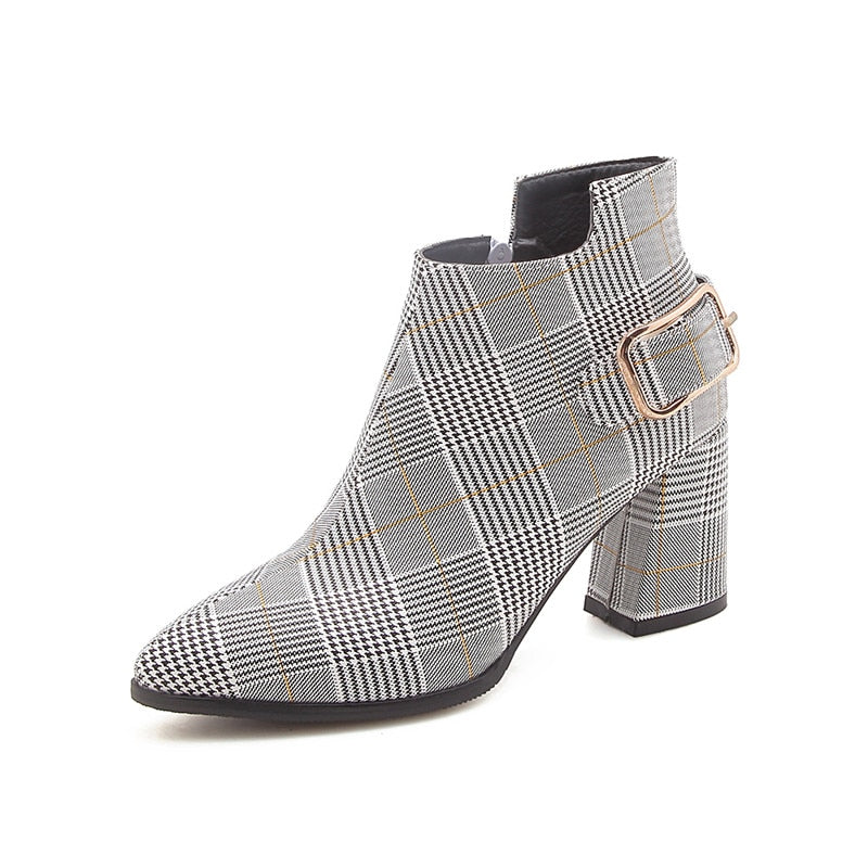 Plaid Zipper Buckle Ankle Boots