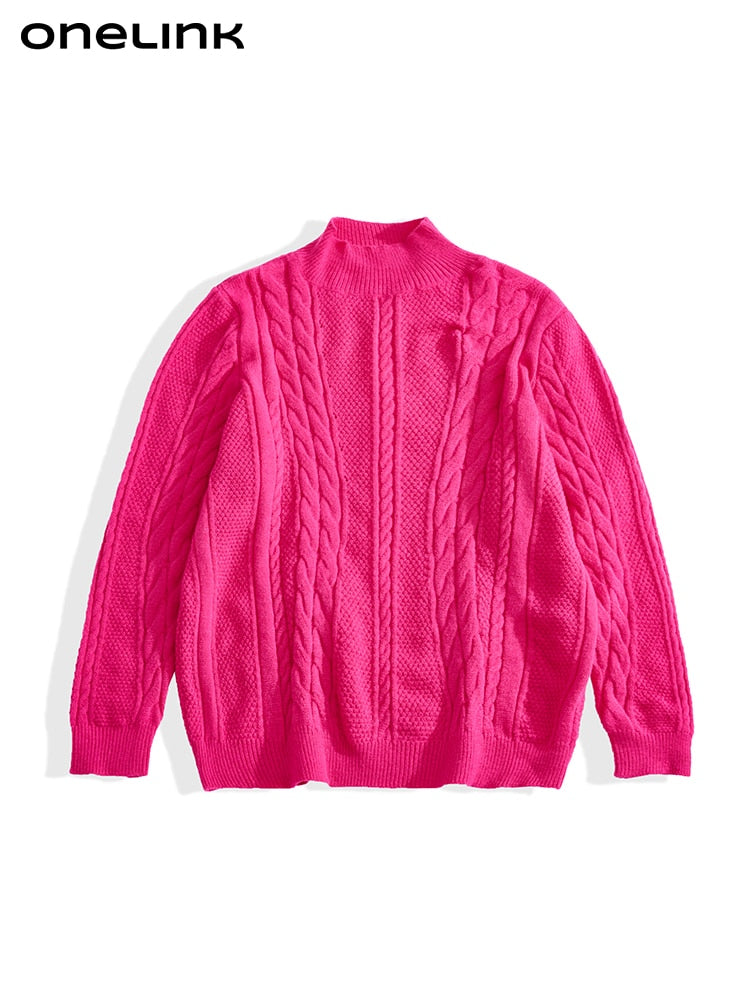 Plus Size Solid Hot Pink Turtleneck