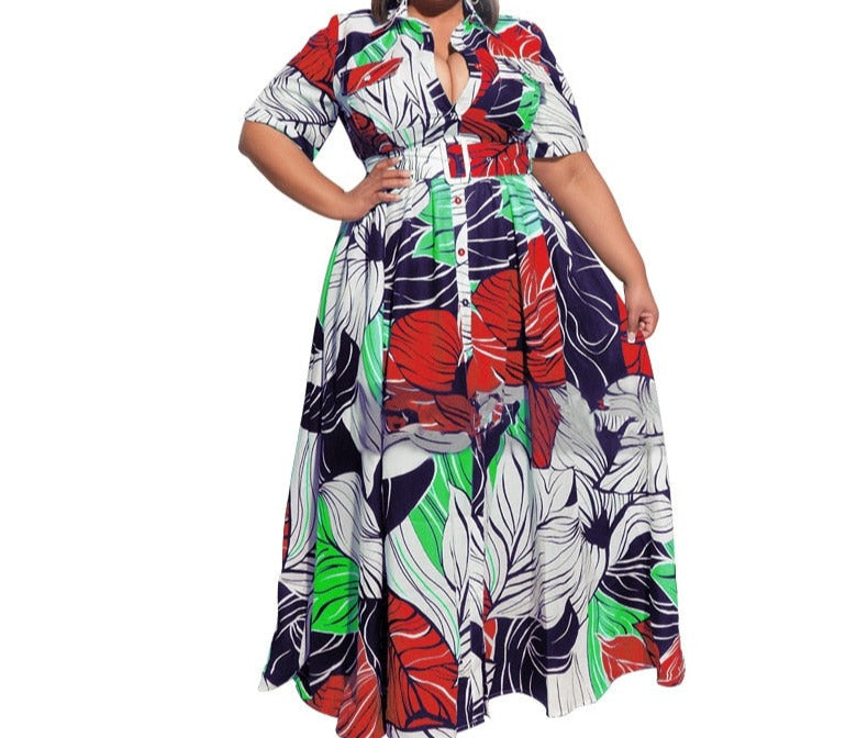 Big Beautiful Women Long Summer Dress Casual Loose Robe Streetwear Belt Vestidos Women Plus Size Maxi Shirt Dresses