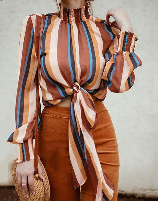 Ladies Striped Bowknot Blouse