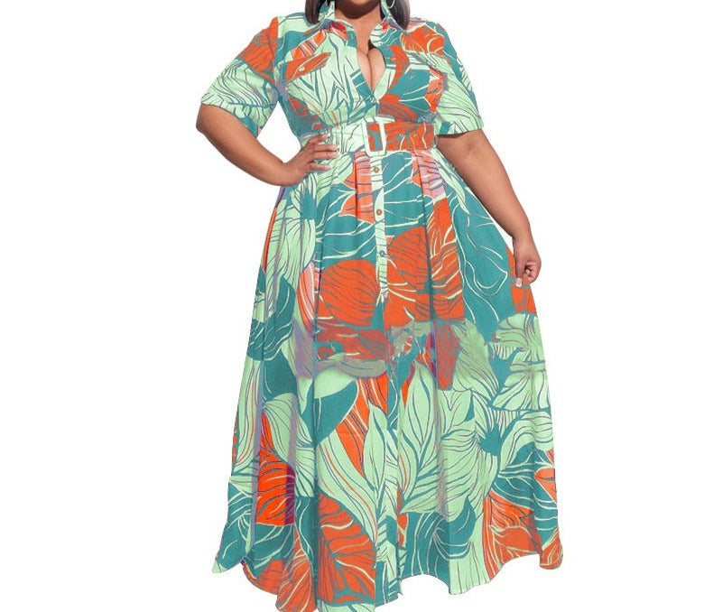 Big Beautiful Women Long Summer Dress Casual Loose Robe Streetwear Belt Vestidos Women Plus Size Maxi Shirt Dresses