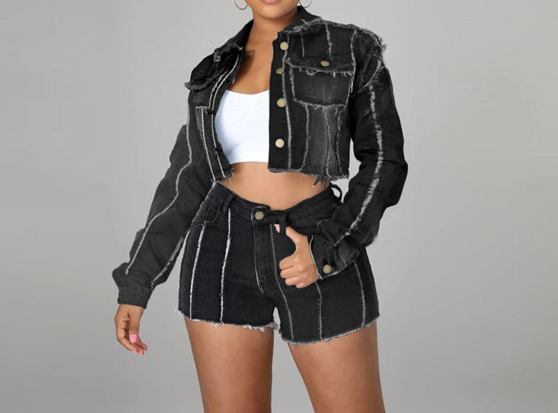 Women's Long Sleeve Cropped Denim Jacket