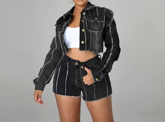 Women's Long Sleeve Cropped Denim Jacket