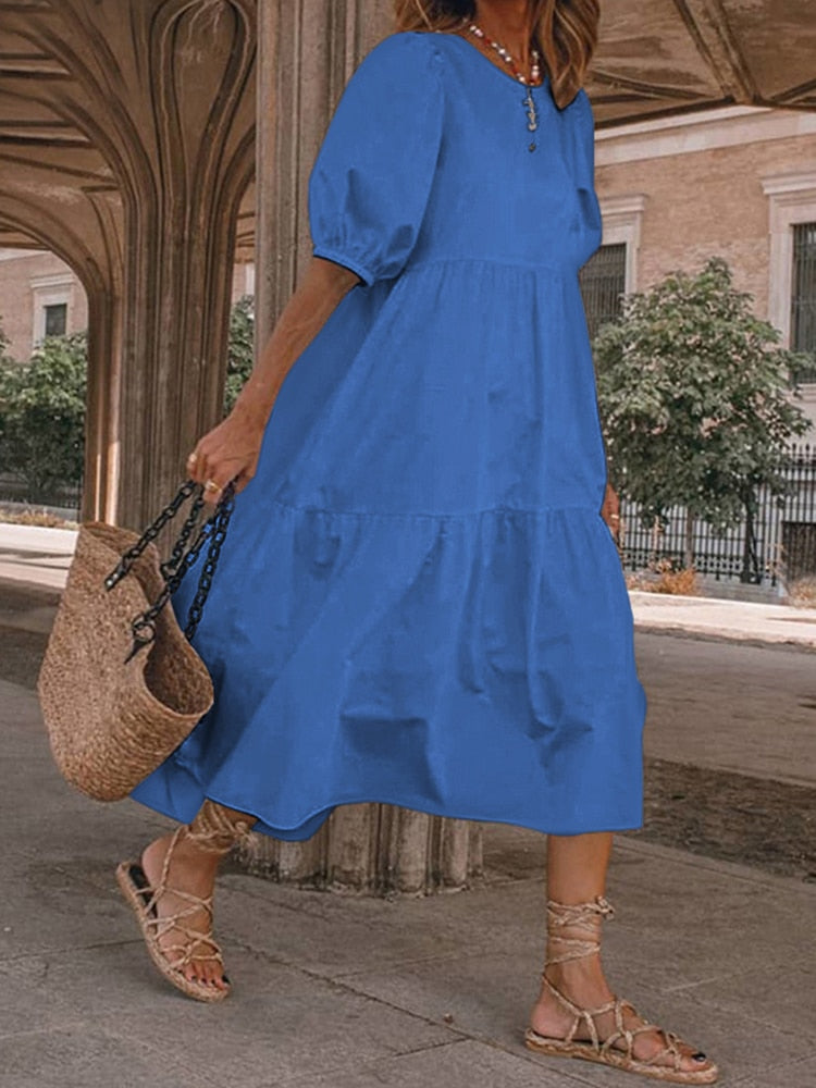 Plus Size Midi Dress with Lantern Sleeves