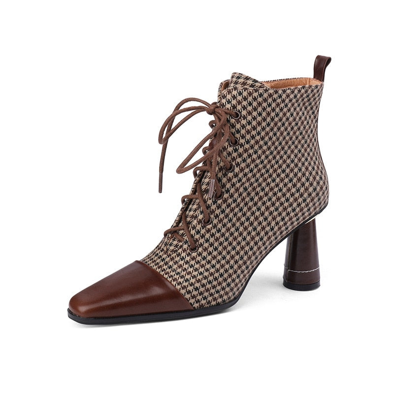 Pointed Toe Plaid Designer Ankle Boots