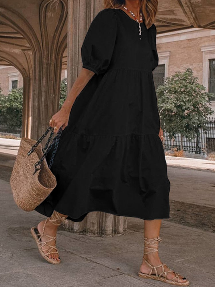 Plus Size Midi Dress with Lantern Sleeves