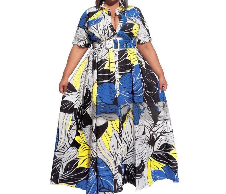 Big Beautiful Women Long Summer Dress Casual Loose Robe Streetwear Belt Vestidos Women Plus Size Maxi Shirt Dresses