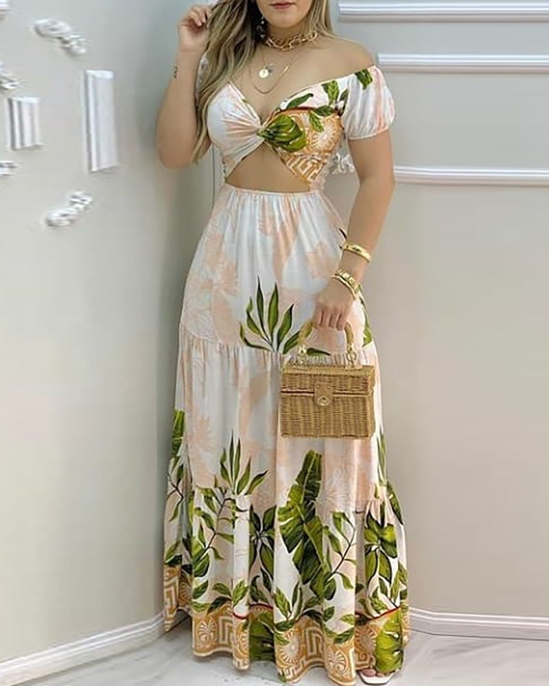 Tropical Print Off Shoulder V Neck Boho Dress