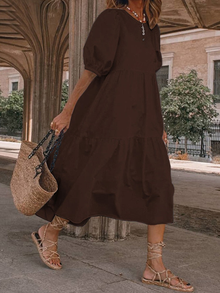 Plus Size Midi Dress with Lantern Sleeves