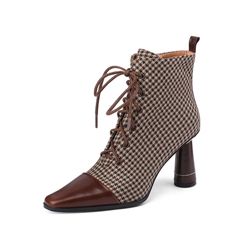 Pointed Toe Plaid Designer Ankle Boots