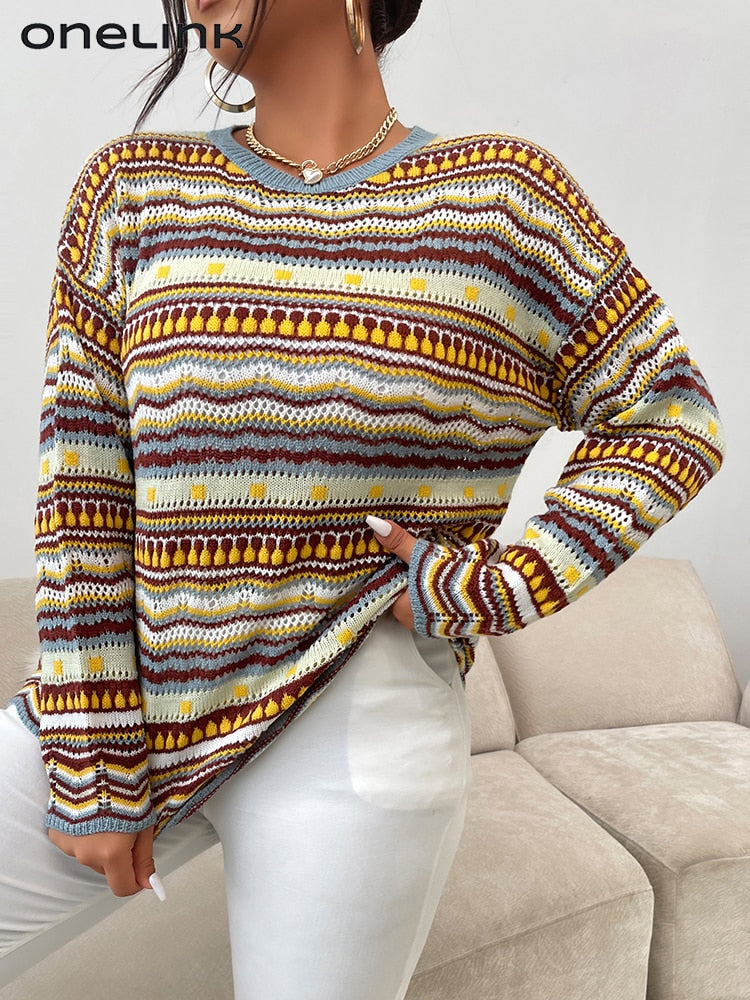 Autumn Sweater Striped Knitted Yarn