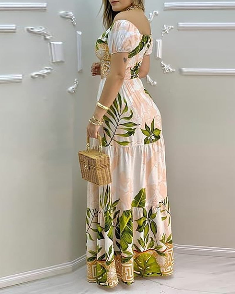 Tropical Print Off Shoulder V Neck Boho Dress