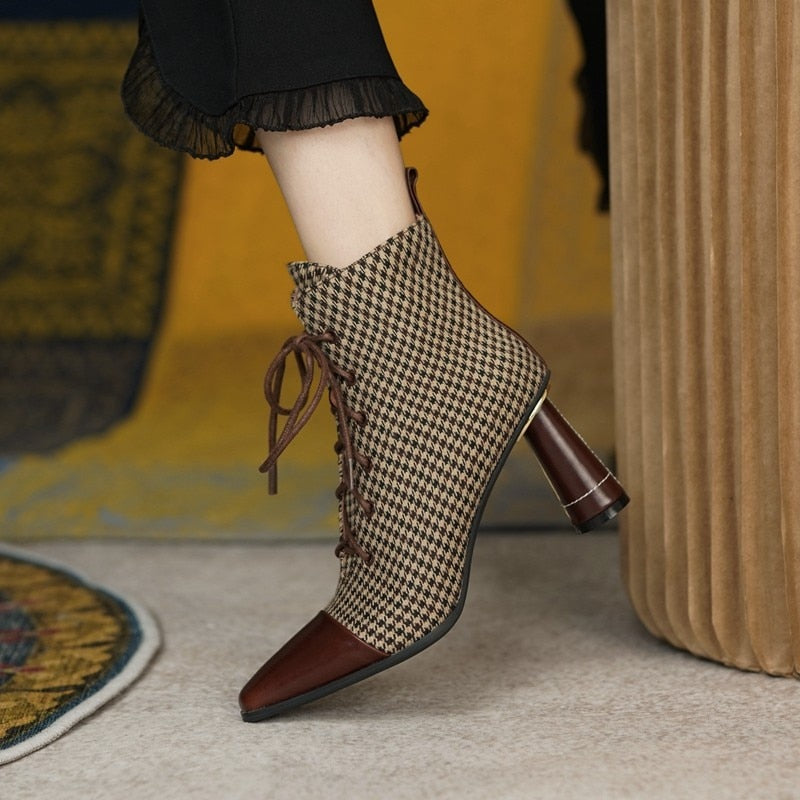 Pointed Toe Plaid Designer Ankle Boots