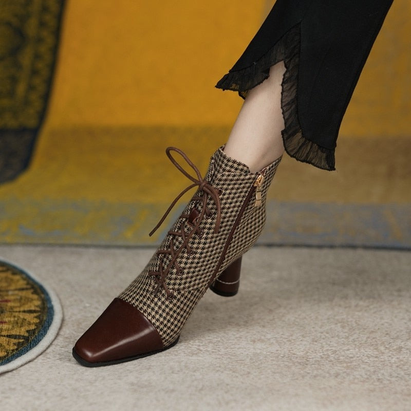 Pointed Toe Plaid Designer Ankle Boots