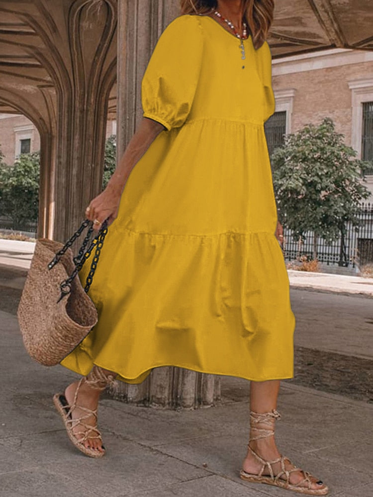 Plus Size Midi Dress with Lantern Sleeves