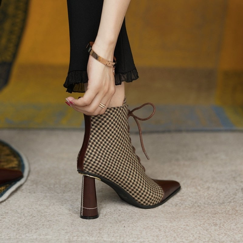 Pointed Toe Plaid Designer Ankle Boots