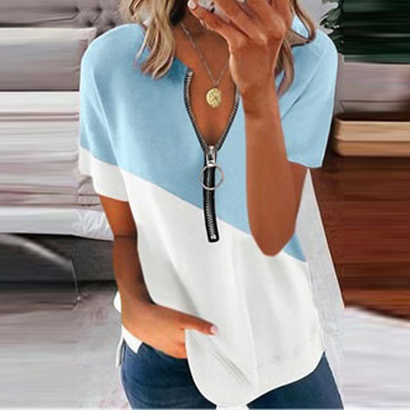 Ladies V-Neck Zippered Casual Blouse