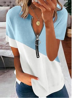 Ladies V-Neck Zippered Casual Blouse