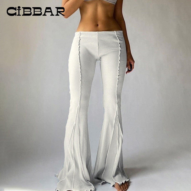 Solid Low Waist Women's Ribbed Flare Pants