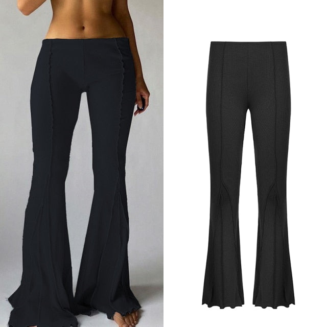 Solid Low Waist Women's Ribbed Flare Pants