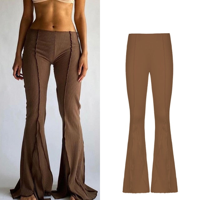 Solid Low Waist Women's Ribbed Flare Pants