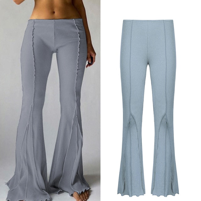 Solid Low Waist Women's Ribbed Flare Pants